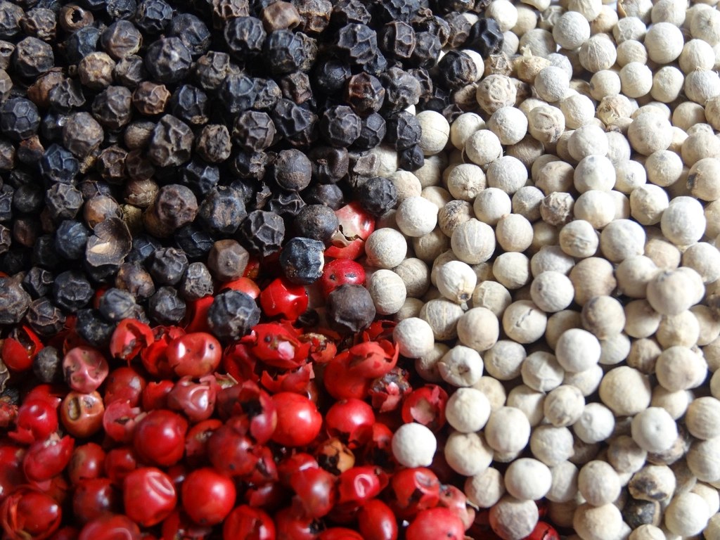 Black, white and red peppercorns arranged side by side